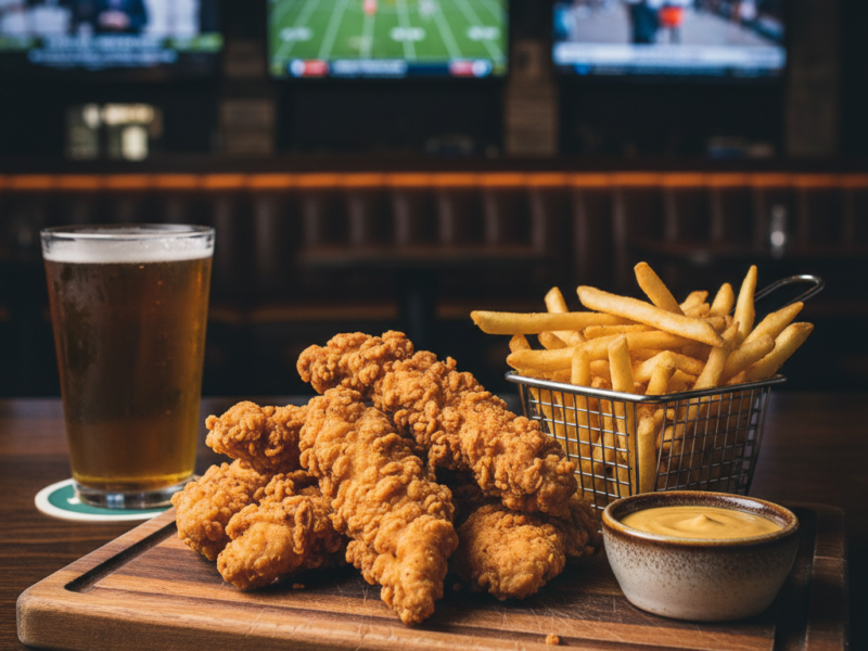 Golden Crispy Chicken Tender Basket at 404 Sports Bar and Grill near Atlanta Morrow GA