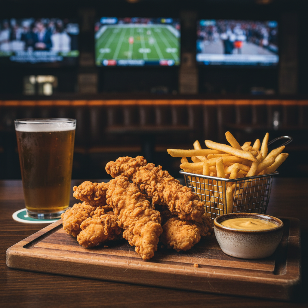 Golden Crispy Chicken Tender Basket at 404 Sports Bar and Grill near Atlanta Morrow GA