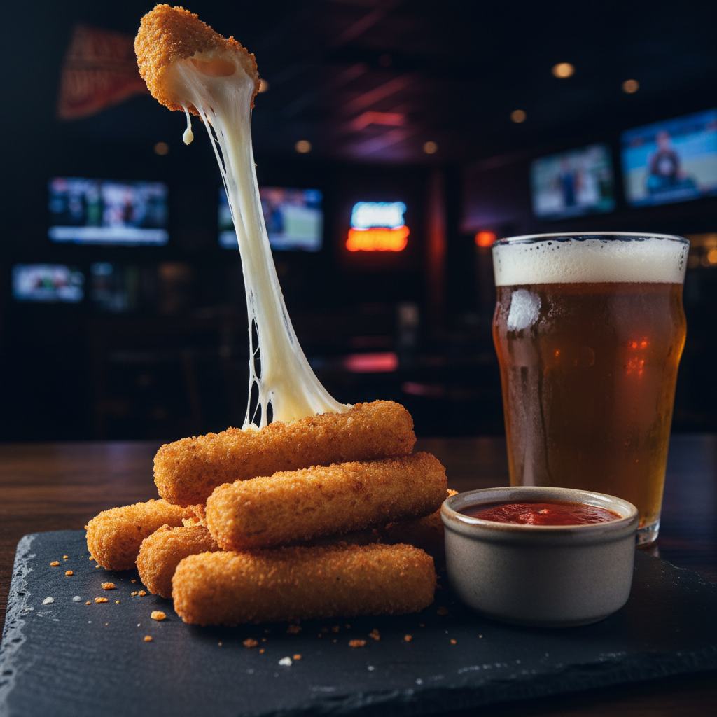 Fried Mozzarella Sticks with cheese pull and marinara at 404 Sports Bar and Grill near Atlanta