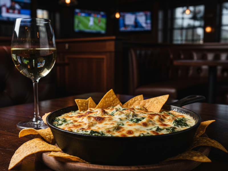 Spinach Artichoke Dip baked golden at 404 Sports Bar and Grill near Southlake Mall Morrow GA