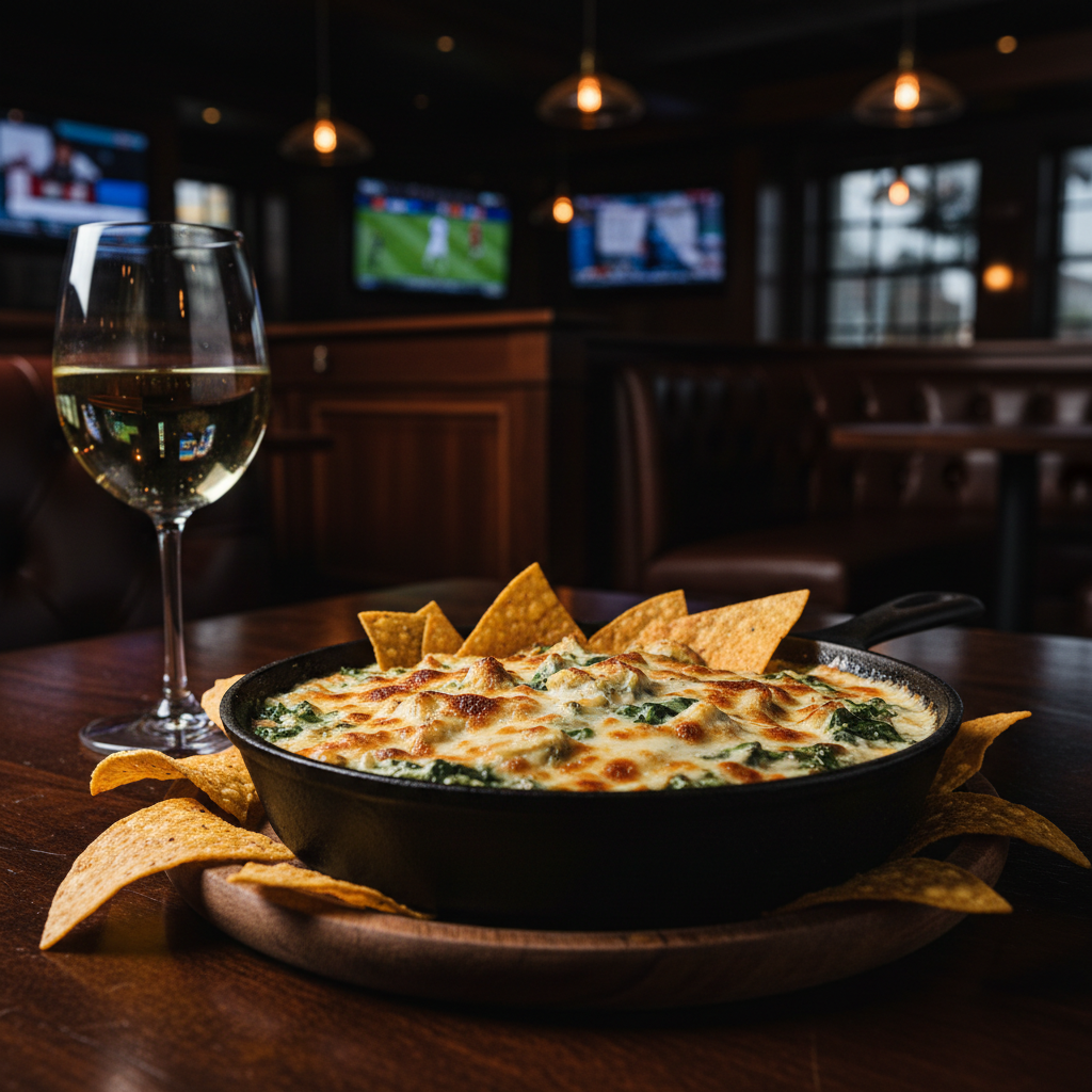 Spinach Artichoke Dip baked golden at 404 Sports Bar and Grill near Southlake Mall Morrow GA